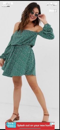 dress asos off shoulder dress size 12 green polka dot
