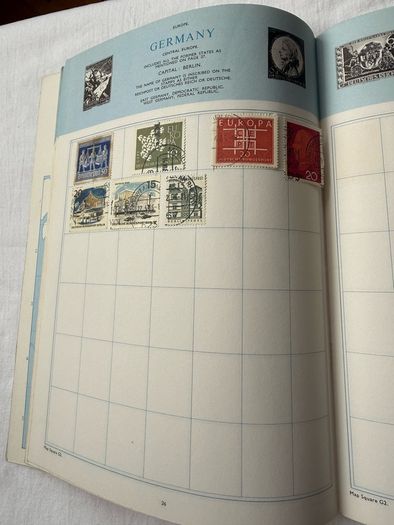 Stamp collection in book, 1930's onwards from all over the world. Approx 60 stamps