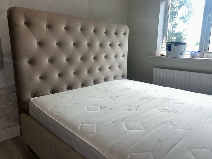 king size bed , beige, good condition, M&S, mattress included