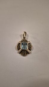 Vintage Art Deco Style Sterling Silver Blue Topaz & Marcasite Pendant