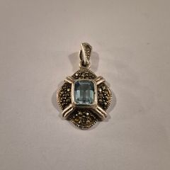 Vintage Art Deco Style Sterling Silver Blue Topaz & Marcasite Pendant