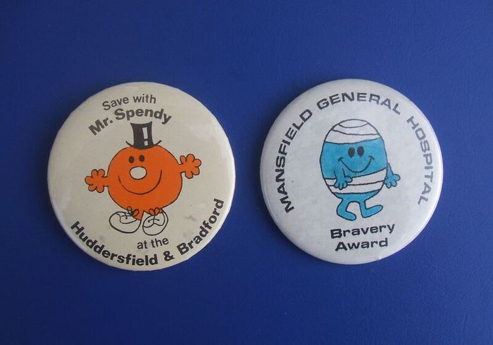MR. MEN (Mr Spendy & Mr Bump) - two large size button badges MANSFIELD GENERAL HOSPITAL and HUDDERSFIELD & BRADFORD building society (55mm dia.)