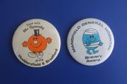 MR. MEN (Mr Spendy &amp; Mr Bump) - two large size button badges MANSFIELD GENERAL HOSPITAL and HUDDERSFIELD &amp; BRADFORD building society (55mm dia.)