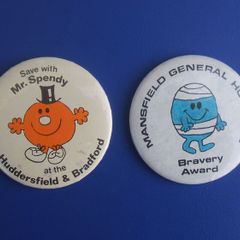 MR. MEN (Mr Spendy & Mr Bump) - two large size button badges MANSFIELD GENERAL HOSPITAL and HUDDERSFIELD & BRADFORD building society (55mm dia.)