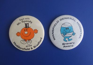MR. MEN (Mr Spendy & Mr Bump) - two large size button badges MANSFIELD GENERAL HOSPITAL and HUDDERSFIELD & BRADFORD building society (55mm dia.)