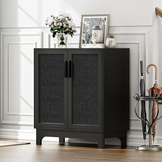 Black Sideboard for Living Room Rattan Buffet Storage Cabinets with Adjustable Shelves, Magnetic Closure, Accent Cabinet Cupboard for Kitchen Hallway Dining Room Furniture 80 x 40 x 89 cm