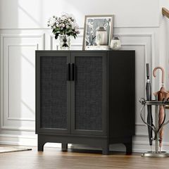 Black Sideboard for Living Room Rattan Buffet Storage Cabinets with Adjustable Shelves, Magnetic Closure, Accent Cabinet Cupboard for Kitchen Hallway Dining Room Furniture 80 x 40 x 89 cm