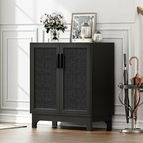 Black Sideboard for Living Room Rattan Buffet Storage Cabinets with Adjustable Shelves, Magnetic Closure, Accent Cabinet Cupboard for Kitchen Hallway Dining Room Furniture 80 x 40 x 89 cm