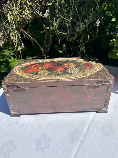 Hand painted wooden box with roses and cherubs