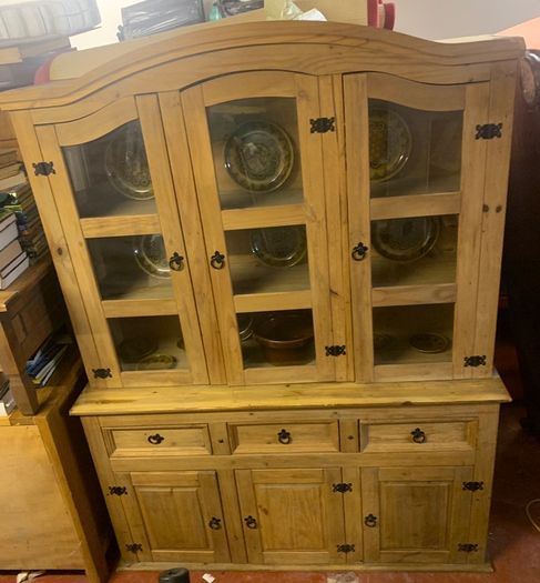 Glass Front Pine Dresser In VG Condition Height 202cm Width 153cm Depth 48cm