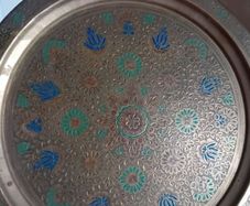 Antique middle eastern brass enamel wall plate