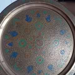 Antique middle eastern brass enamel wall plate