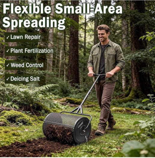 24" Compost Spreader Roller 70L Lawn Garden Spreader, Heavy Duty Steel Mesh Drum for Top Soil, Sand, Manure & Fertiliser, Compost Spreader for Lawn & Soil Spreader Tool