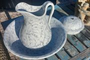 Minton blue and white marble style jug, bowl and sponge and soap dish. D18