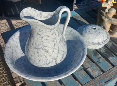 Minton blue and white marble style jug, bowl and sponge and soap dish. D18