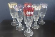 Fabulous Set of Six Vintage Retro Pressed Glass Footed Flutes with Bands of Iridescent Rainbow Colours and Floral Motifs, Capacity 120mls