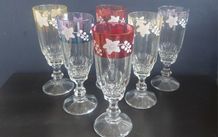 Fabulous Set of Six Vintage Retro Pressed Glass Footed Flutes with Bands of Iridescent Rainbow Colours and Floral Motifs, Capacity 120mls