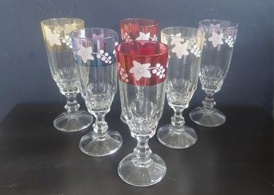 Fabulous Set of Six Vintage Retro Pressed Glass Footed Flutes with Bands of Iridescent Rainbow Colours and Floral Motifs, Capacity 120mls