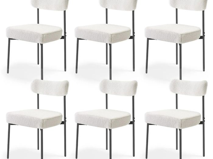 Set of 6 White Boucle Dining Chairs Mid Century Modern Sherpa Accent Chairs, Upholstered Side Chair for Dining Table, Space-Saving White Kitchen Table Chair with Curved Backrest and Black Metal Legs
