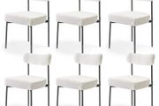 Set of 6 White Boucle Dining Chairs Mid Century Modern Sherpa Accent Chairs, Upholstered Side Chair for Dining Table, Space-Saving White Kitchen Table Chair with Curved Backrest and Black Metal Legs