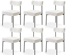 Set of 6 White Boucle Dining Chairs Mid Century Modern Sherpa Accent Chairs, Upholstered Side Chair for Dining Table, Space-Saving White Kitchen Table Chair with Curved Backrest and Black Metal Legs