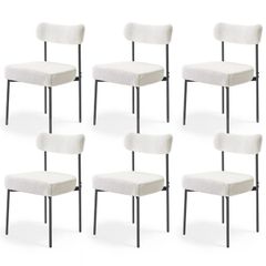 Set of 6 White Boucle Dining Chairs Mid Century Modern Sherpa Accent Chairs, Upholstered Side Chair for Dining Table, Space-Saving White Kitchen Table Chair with Curved Backrest and Black Metal Legs