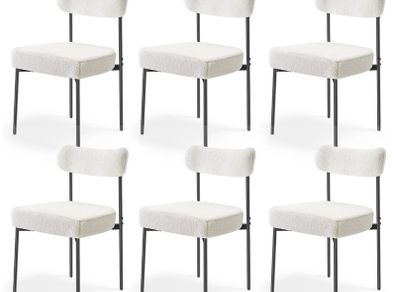 Set of 6 White Boucle Dining Chairs Mid Century Modern Sherpa Accent Chairs, Upholstered Side Chair for Dining Table, Space-Saving White Kitchen Table Chair with Curved Backrest and Black Metal Legs