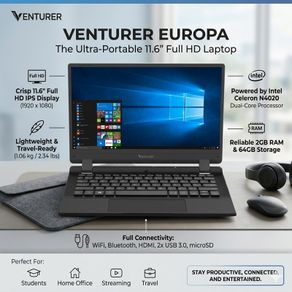 Venturer Europa 11.6" Full HD Laptop - Lightweight Windows Notebook for Everyday Use