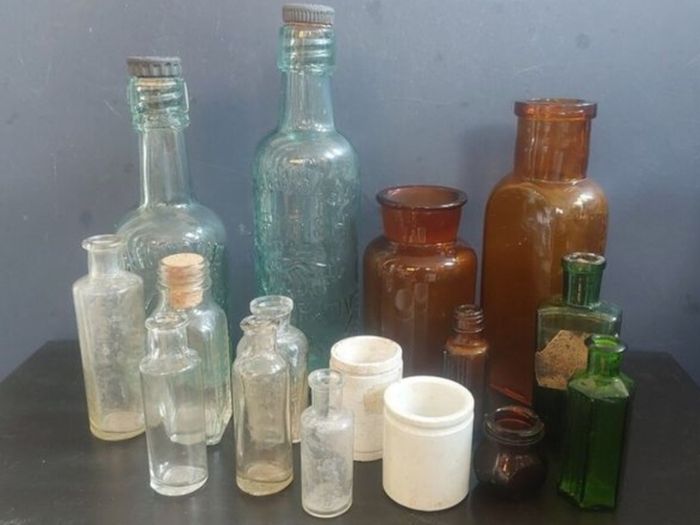 Fabulous Collection of Four Assorted Antique and Vintage Apothecary and Household Bottles in Clear Glass, Price for All Four, Not Splitting