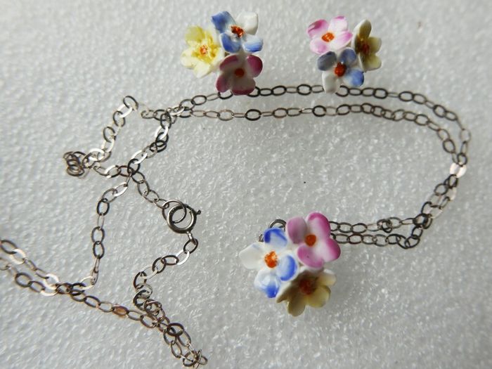 Vintage 925 Sterling Silver Harrods EARRINGS & NECKLACE, Harrods, polychrome painted porcelain.