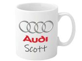 Audi Personalised Mug. Unique Customised Present. White Ceramic Cup with Full Colour Printed Logo & Name. Gift Boxed. Audi Quattro Mug
