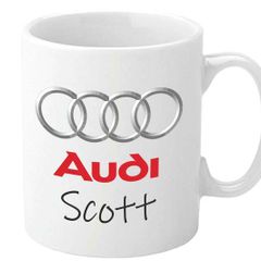 Audi Personalised Mug. Unique Customised Present. White Ceramic Cup with Full Colour Printed Logo & Name. Gift Boxed. Audi Quattro Mug