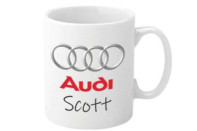 Audi Personalised Mug. Unique Customised Present. White Ceramic Cup with Full Colour Printed Logo & Name. Gift Boxed. Audi Quattro Mug