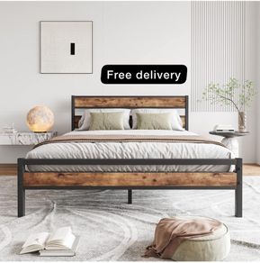 King Size Bed Frame Wood Headboard,Metal
