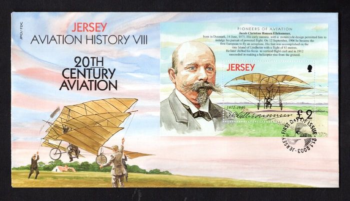 2003 Jersey Jacob Ellehammer's Biplane (pioneers of aviation) Commemorative Stamp Miniature Sheet First Day Cover (FDC)