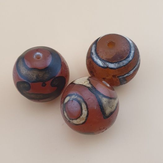 Vintage Etched Carnelian Agate Beads Tribal Gemstone Lot of 3