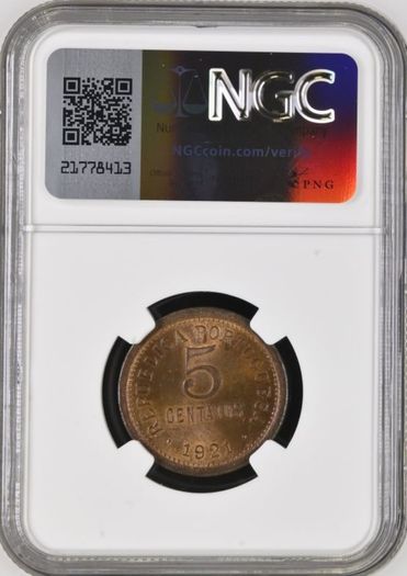 Portugal 1921 5 Cent NGC MS65RB Beautiful Gem Bu