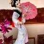 Vintage MCM Geisha Black Hair Red Obi Light Blue Pink Gold Holding a Fan 18 cm Image 9