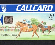 1991 Ireland 10 unit Irish Horse Racing Definitive Call Card with Schlumberger SC5 Chip, Dame Lane Address, Matt finish, White back, Flag, Barcode Used. Telecom Eireann card number 1033.