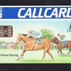 1991 Ireland 10 unit Irish Horse Racing Definitive Call Card with Schlumberger SC5 Chip, Dame Lane Address, Matt finish, White back, Flag, Barcode Used. Telecom Eireann card number 1033.