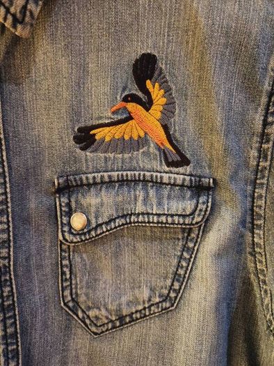 Pretty Green Embroidered Bird Vintage Denim Shirt with Pearl Effect Buttons XS Rare