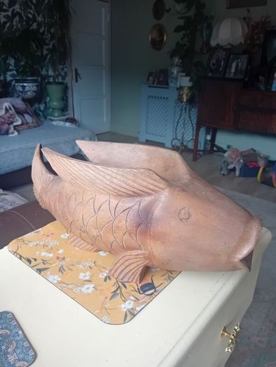 Large vintage hardwood koi carp planter