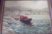 a oil painting picture on board of a harbour sceen by ken donfield