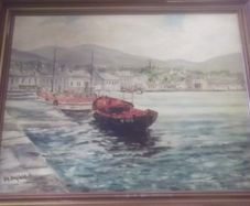 a oil painting picture on board of a harbour sceen by ken donfield