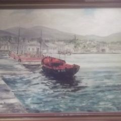 a oil painting picture on board of a harbour sceen by ken donfield