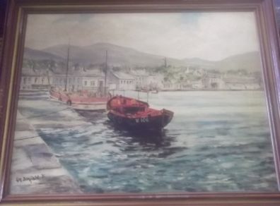 a oil painting picture on board of a harbour sceen by ken donfield