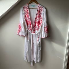 Melissa Odabash Romilly Embroidered Kaftan Cover Up White Watermelon Pink