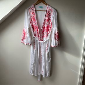 Melissa Odabash Romilly Embroidered Kaftan Cover Up White Watermelon Pink