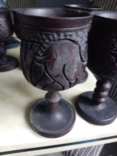 Set of 6 Hand-Carved African Wildlife Wooden Goblets  Vintage