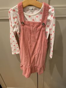 3 piece pink corduroy pinafore & top & tights set